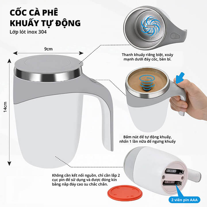 Cốc giữ nhiệt pha cà phê tự khuấy lõi Inox 304 dung tích 380ml, Ly tự khuấy nam châm pha đồ uống, trà Coffee thông minh-XY221
