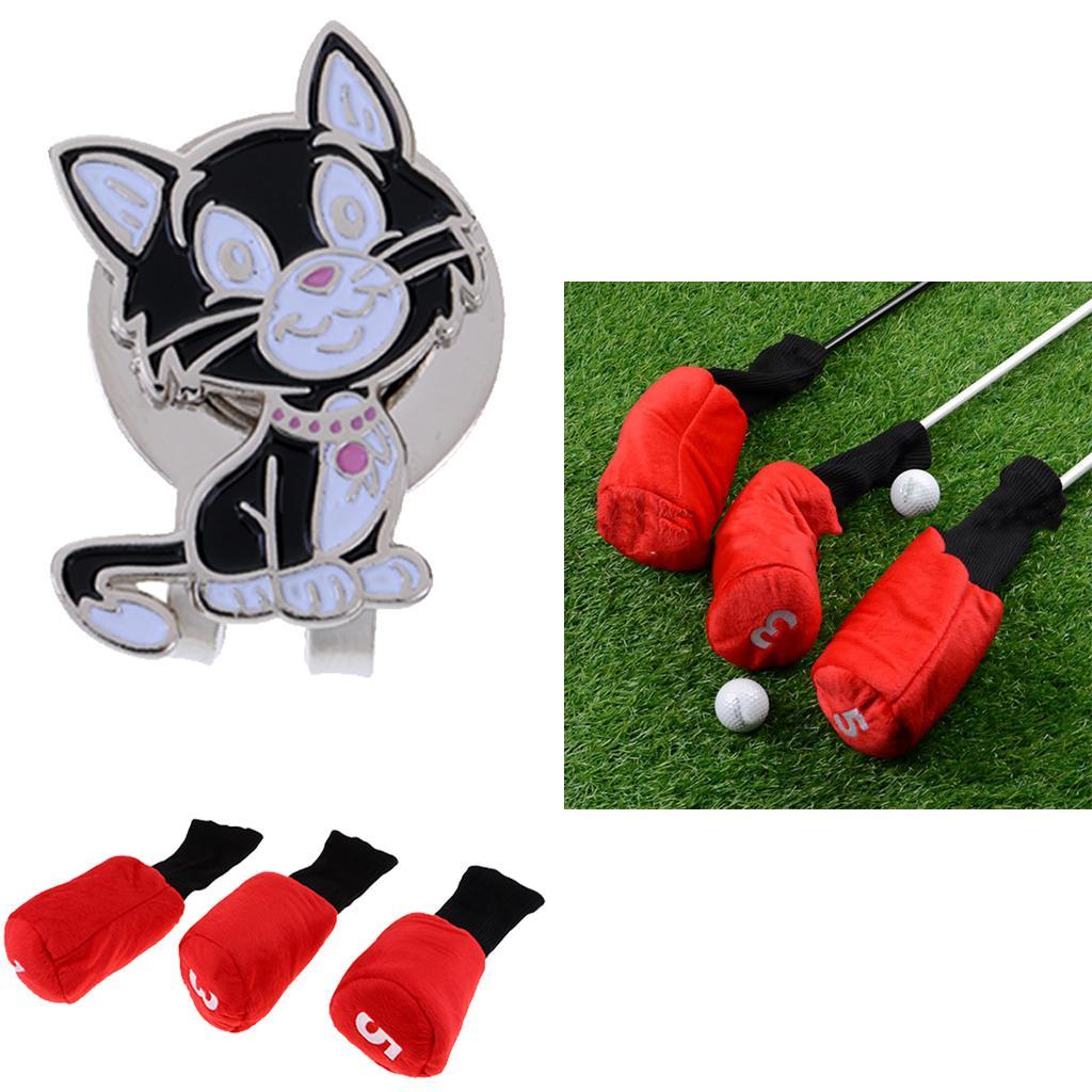 3pcs Golf Driver Wood Head Cover Long Neck Headcover & Ball Marker with Magnetic Hat Clip