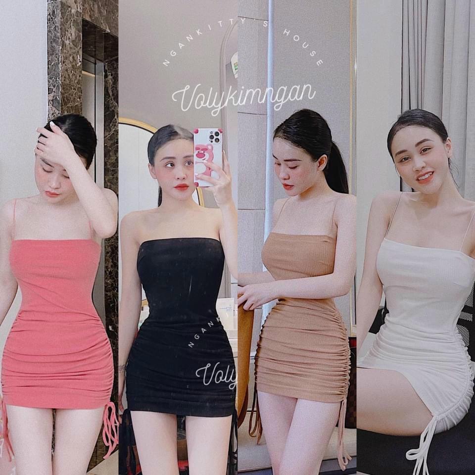 Đầm body 2 dây rút dây 2 bên eo siêu tôn dáng
