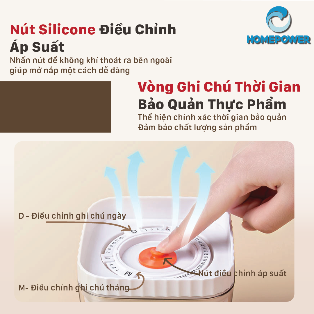 Hộp nhựa bảo quản thực phẩm khô, hộp đựng ngũ cốc hút chân không có vòng ghi chú thời gian Homepower chống ẩm mốc mối mọt