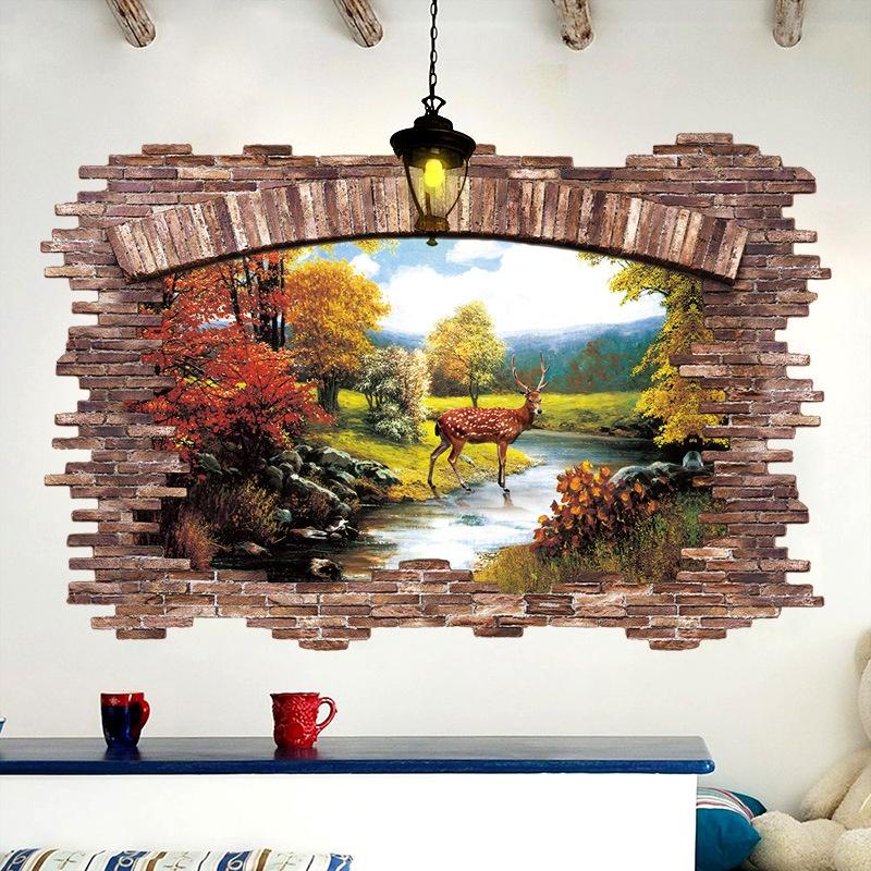 Decal tranh dán tường 3D trang trí nhà cửa - khu rừng và con hươu