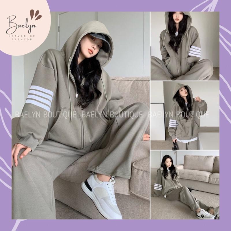 Set bộ quần áo len tăm 3 sọc áo hoodie quần dài màu xám mặc thu đông