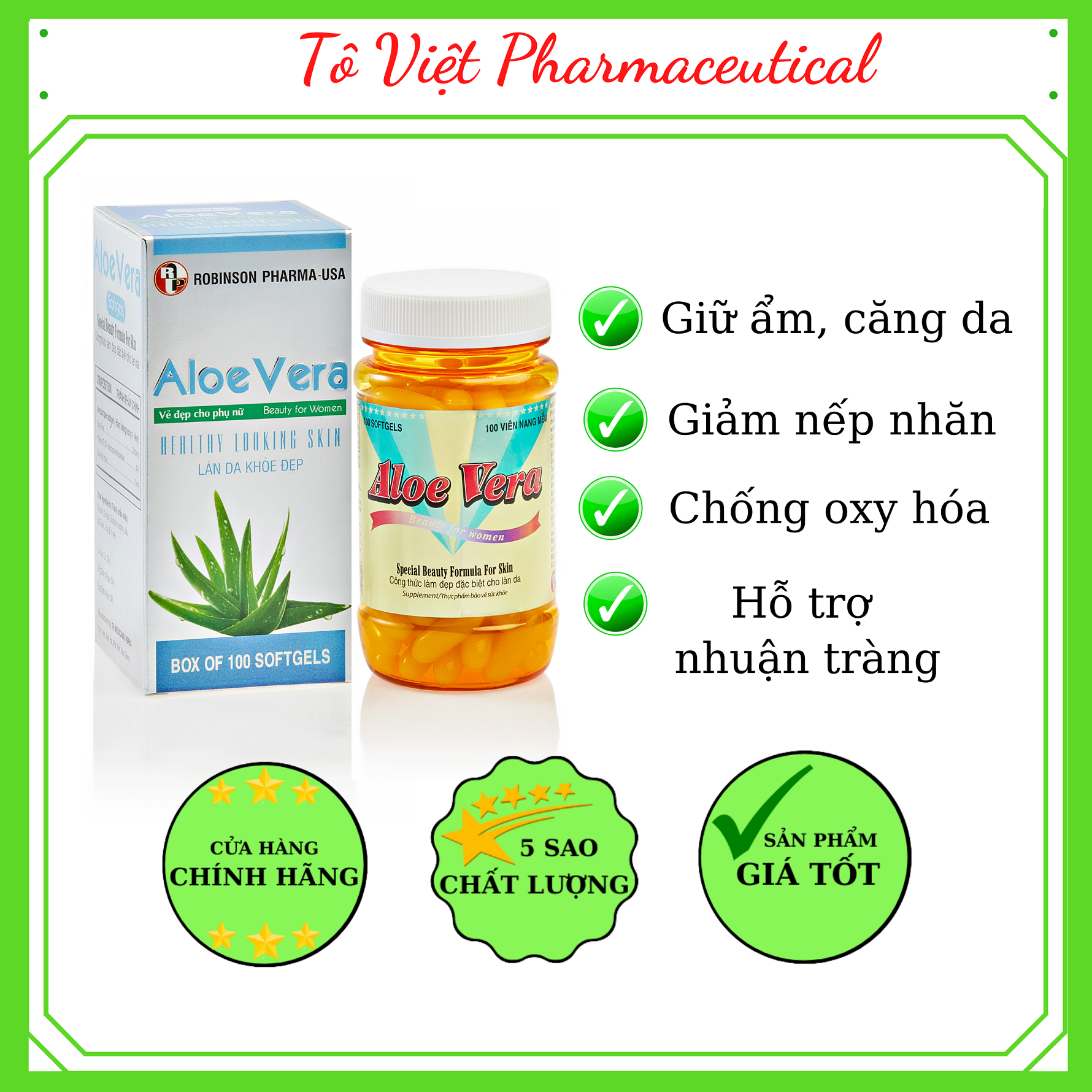 TPCN- Robinsin Pharma USA- ALOE VERA-Viên uống đẹp da, dưỡng da, nhuận tràng