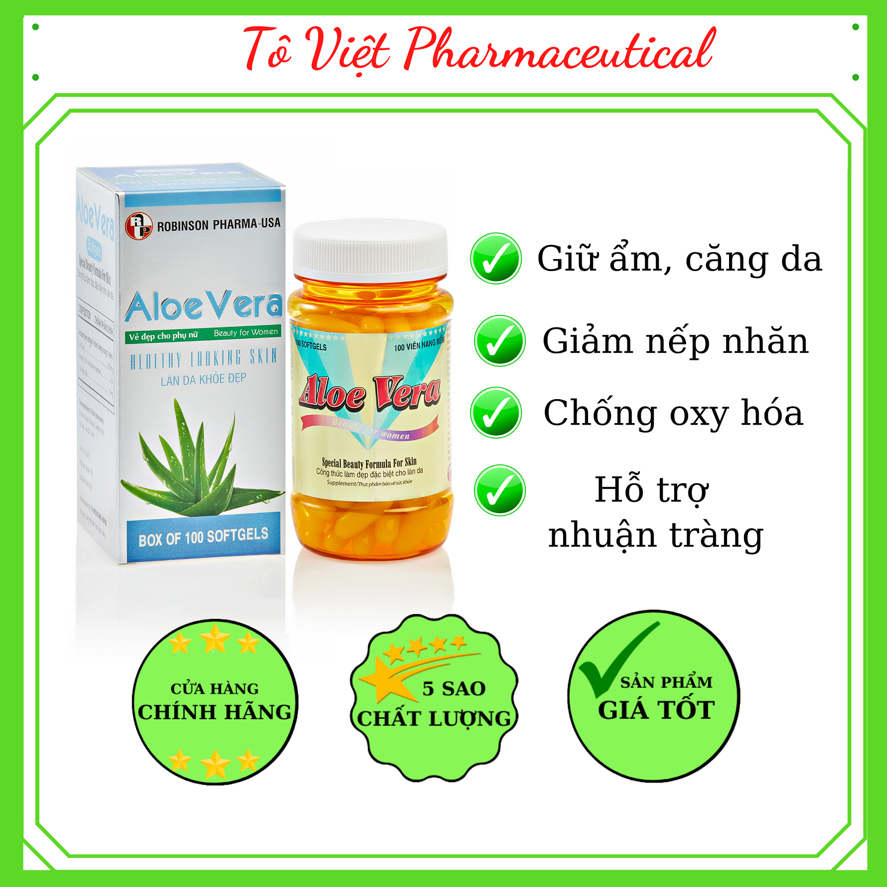 TPCN- Robinsin Pharma USA- ALOE VERA-Viên uống đẹp da, dưỡng da, nhuận tràng (100 viên)