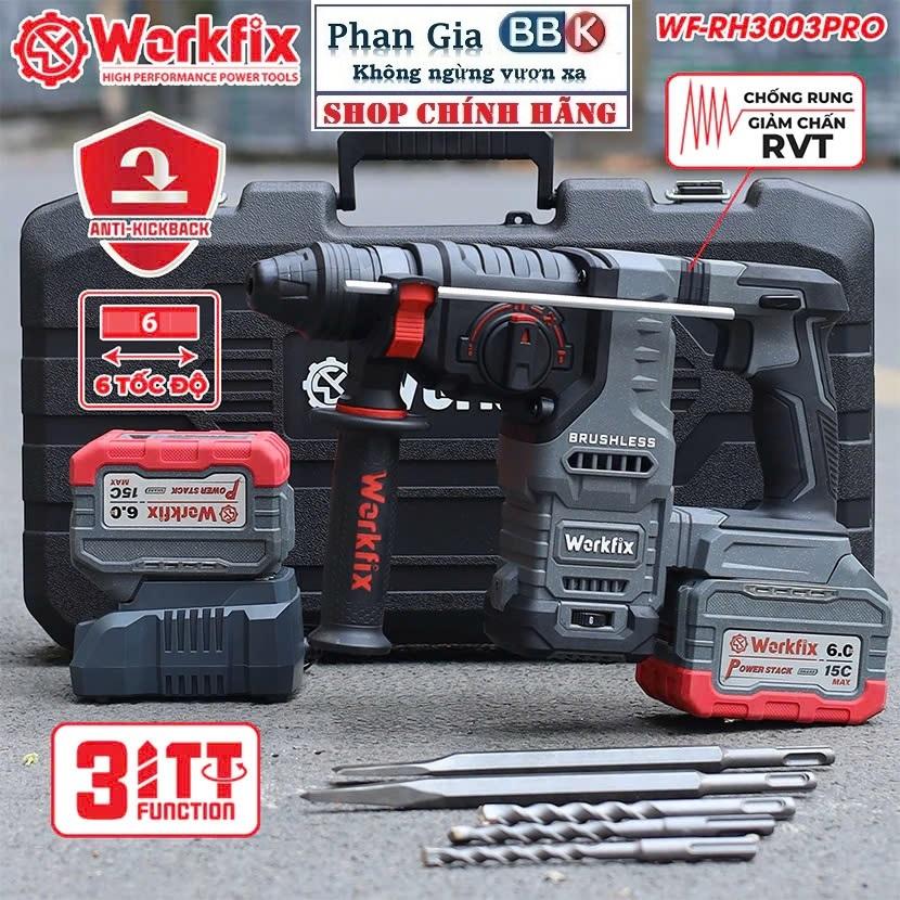 Máy khoan đục bê tông pin WORKFIX WF-RH3003PRO, Anti-kickback, giảm rung chấn RVT, 3 chức năng, 6 tốc độ