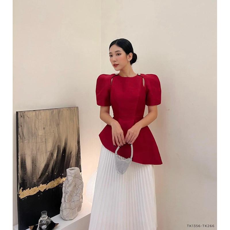 Chen.room Áo peplum tay phồng khoét 2 vai, Áo kiểu tiểu thư dự tiệc