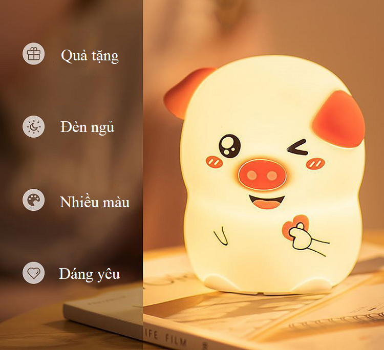 Đèn ngủ cảm ứng chuyên dùng cho gia đình, ánh sáng điều chỉnh đổi màu cao cấp hình con PIG vui vẻ ( TẶNG KÈM 03 NÚT KẸP CAO SU ĐA NĂNG NGẪU NHIÊN )