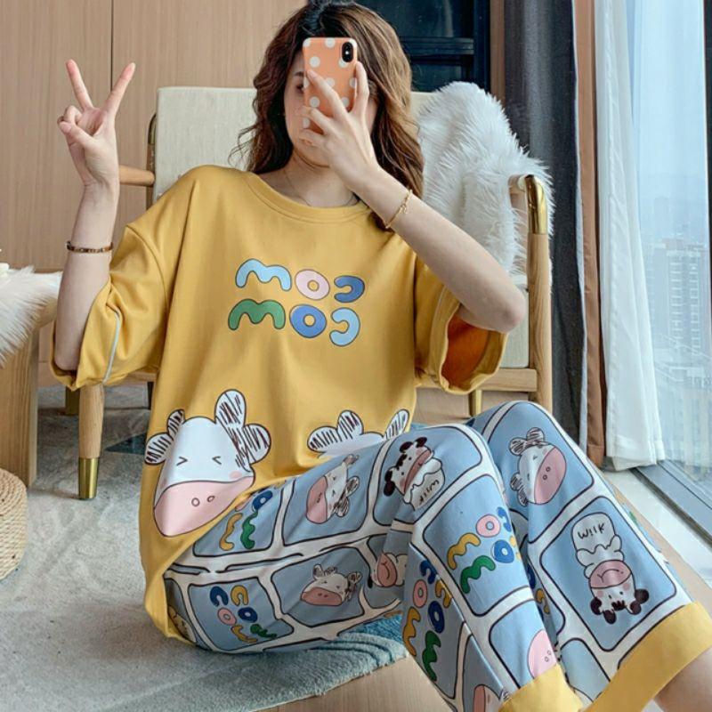 Đồ bộ nữ mặc nhà Đồ bộ thun quần dài, đồ mặc ở nhà Quảng Châu, họa tiết hoạt hình bò sữa Comcom dễ thương Pyjama
