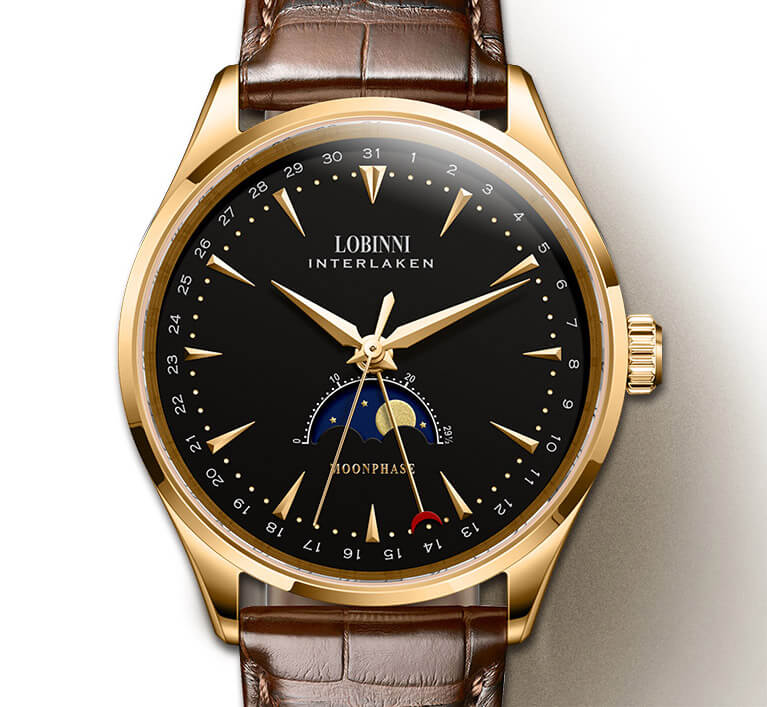Đồng hồ nam chính hãng Lobinni L16012-5 ,Fullbox, Kính sapphire ,chống xước,chống nước,vỏ vàng ,mặt đen dây da đen ,nâu xịn, thép không gỉ 316L, Mới 100%,Bảo hành 24 tháng,thiết kế trẻ trung và sang trọng