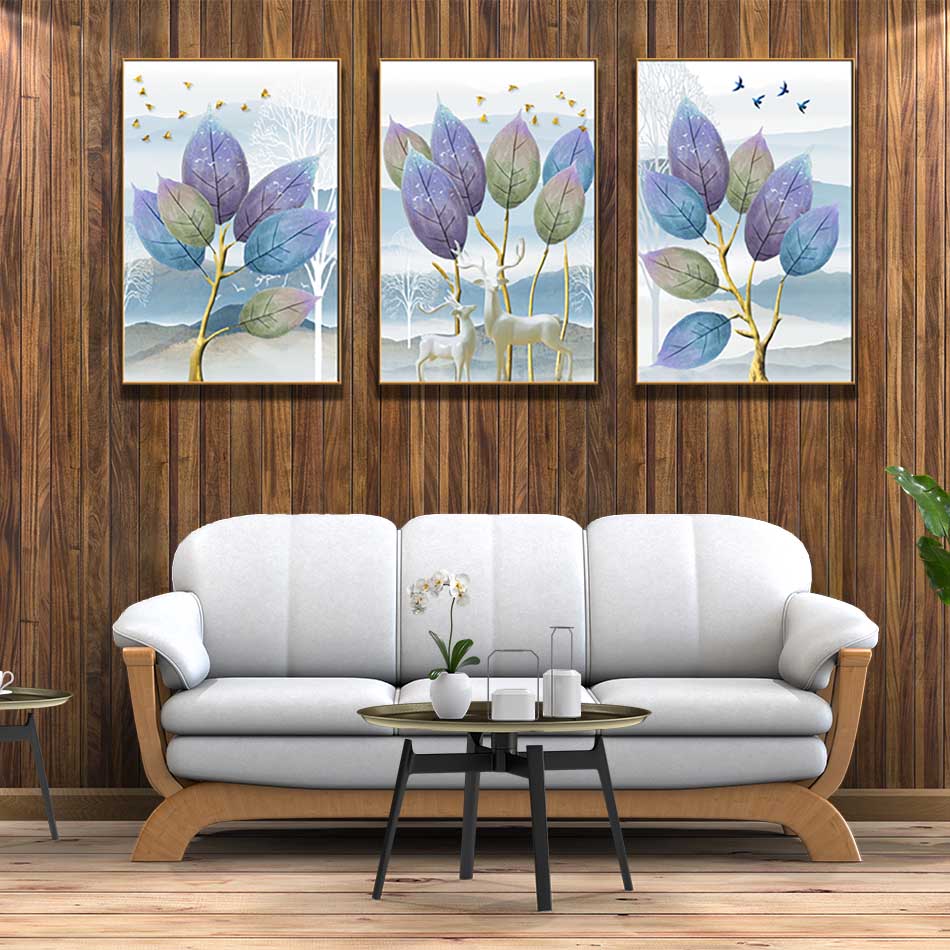 Bộ 3 tranh canvas treo tường Decor Họa tiết hươu dưới tán cây - DC207