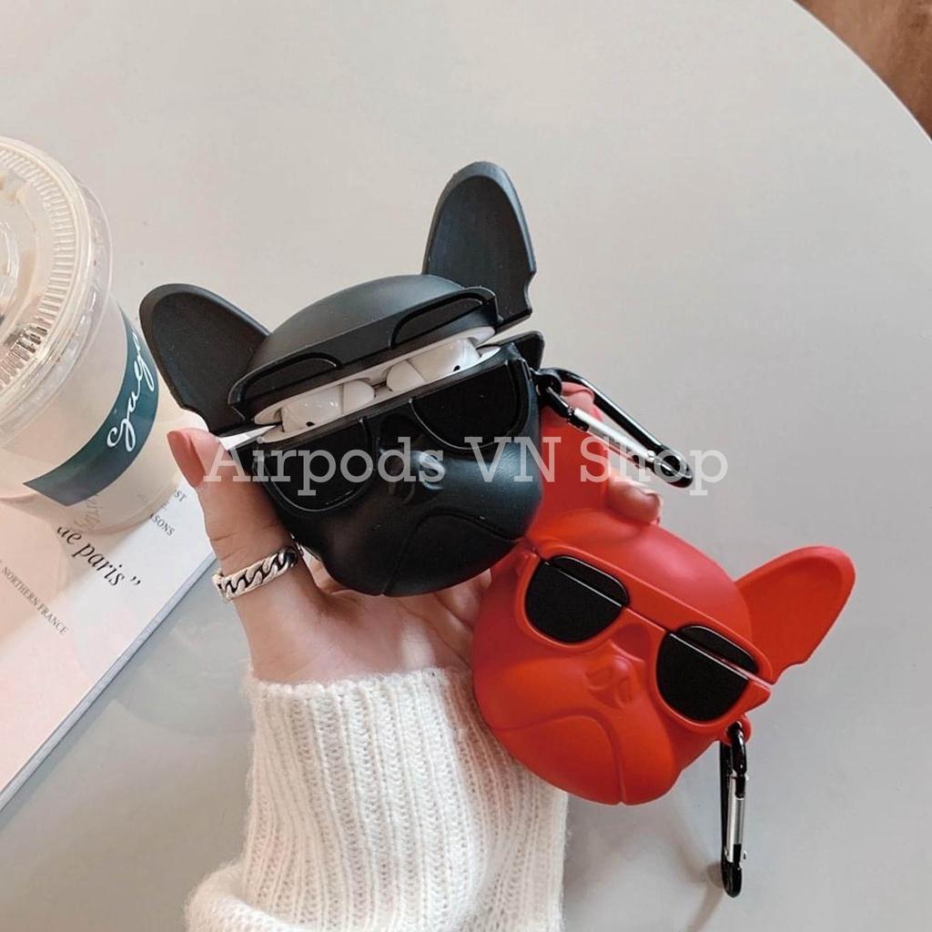 Bao Case Ốp dành cho airpod 1/2, Airpods Pro chó Bulldog đen đỏ siêu ngầu silicon cao cấp