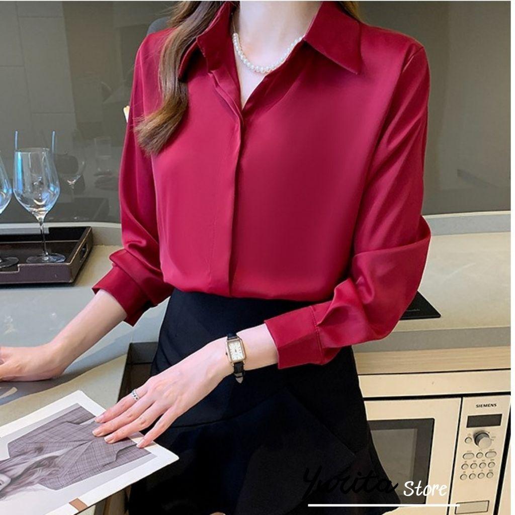 Áo Sơ Mi Nữ Công Sở Màu Đỏ Đô Cổ ĐứcYURITA Kiểu Hàn Quốc Vintage Ulzzang Form Rộng Dài Tay Đẹp Chất Lụa Cao Cấp A2D