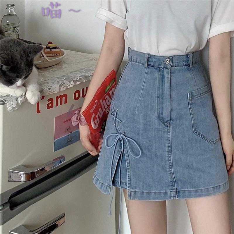 Quần giả váy bò jean ngắn hai lớp cách điệu xẻ tà đan dây phá cách (Có ảnh thật)