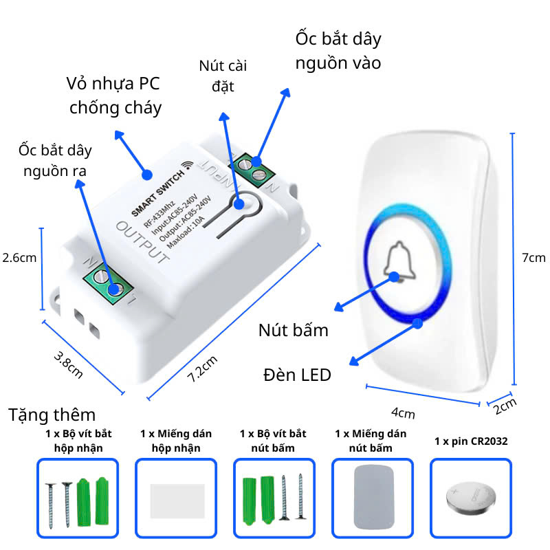 Công Tắc Không Dây Nút Bấm Cầm Tay Dán Tường Tiện Lợi 433mhz Bảo Hành 1 Năm