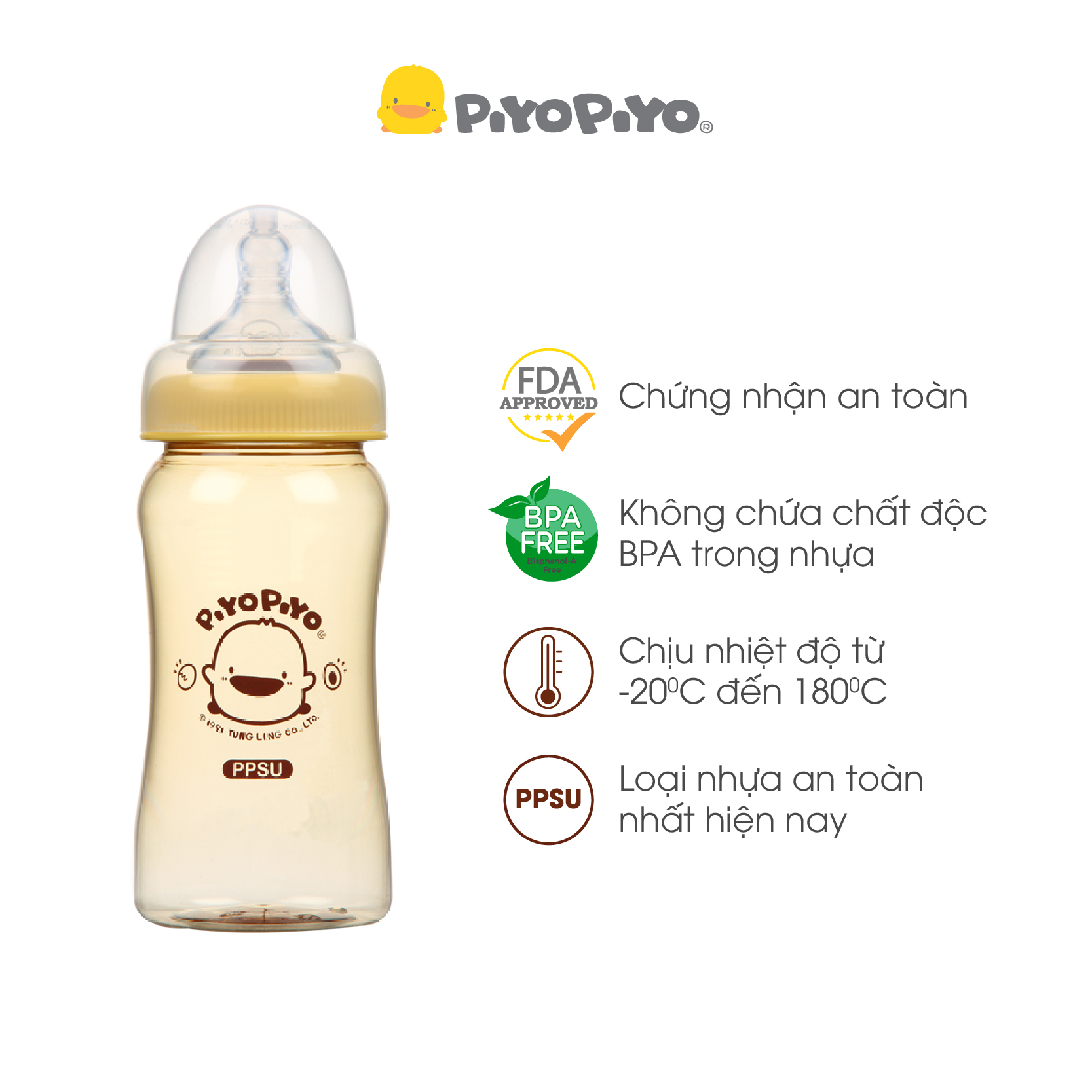 Bình sữa PPSU chống đầy hơi cổ rộng Piyo Piyo 240ml