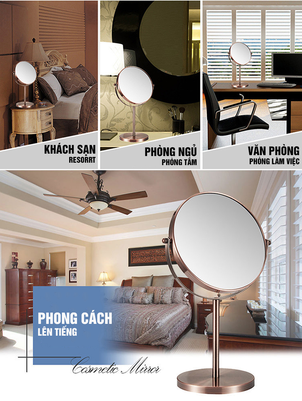 Gương trang điểm để bàn Đồng đỏ Copper, phóng đại zoom x3, 2 mặt xoay siêu nét Minh House