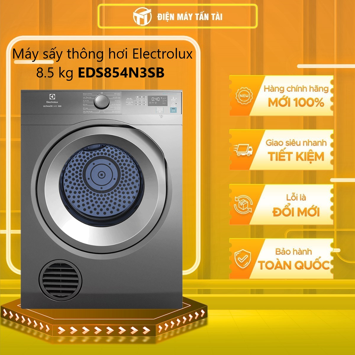 Máy Sấy Thông Hơi Electrolux 8.5 kg EDS854N3SB - Sấy Nhanh 40 Phút - Hàng Chính Hãng - Chỉ Giao HCM