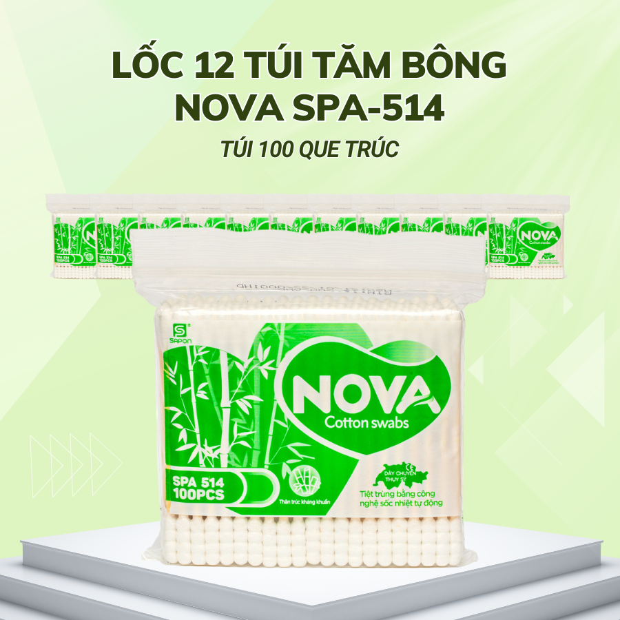 Lốc 12 túi Tăm bông SAPON Nova người lớn thân trúc túi 100 que SPA-514