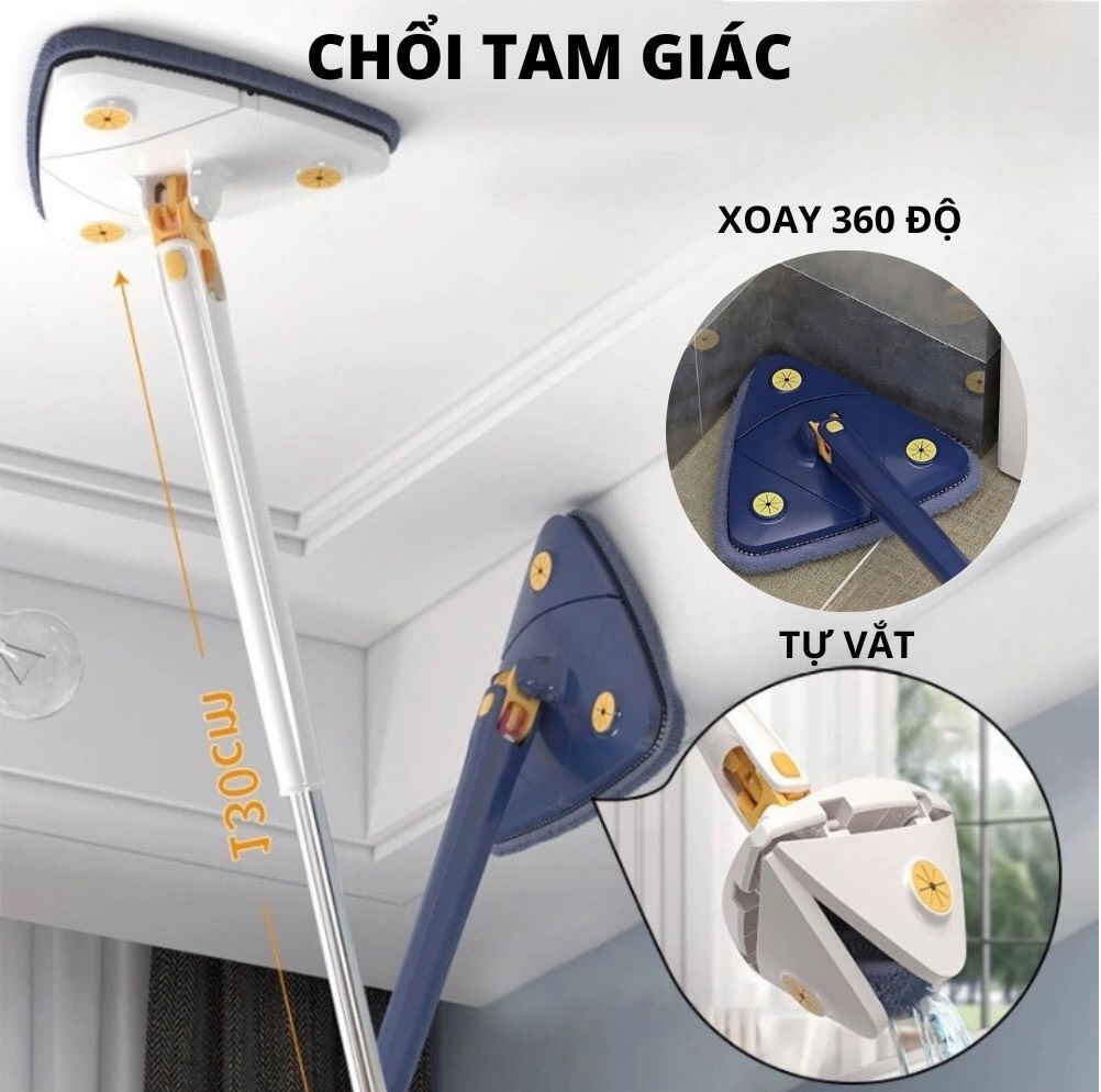 Cây Chổi Lau Sàn Nhà - Trần Nhà - Lau Kính Hình Tam Giác Đa Năng Tự Vắt Xoay 360 Độ Thông Minh