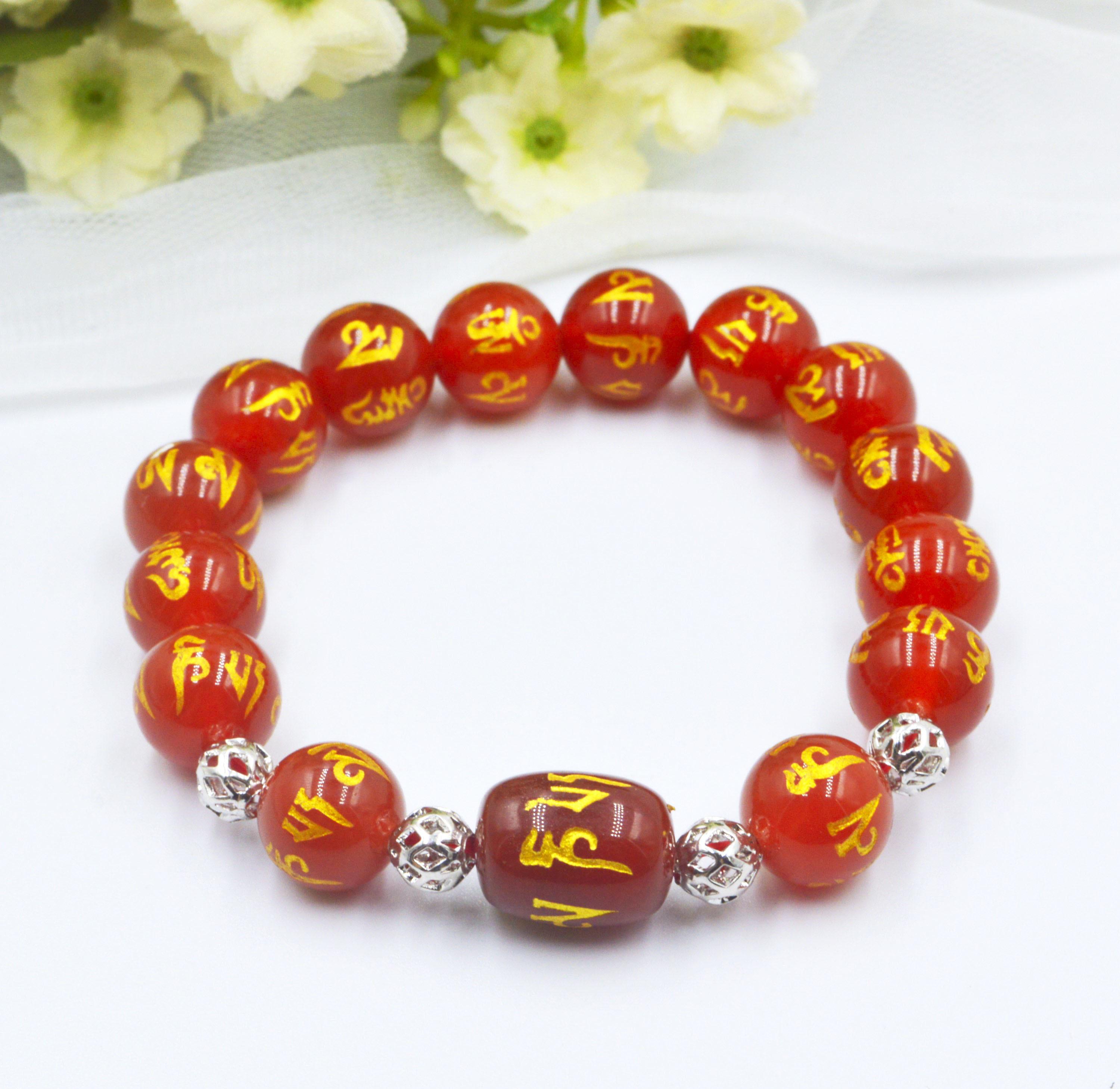 VÒNG TAY LU THỐNG MÃ NÃO ĐỎ KHẮC CHÚ OMMANI 10MM CẦU BÌNH AN, SỨC KHỎE