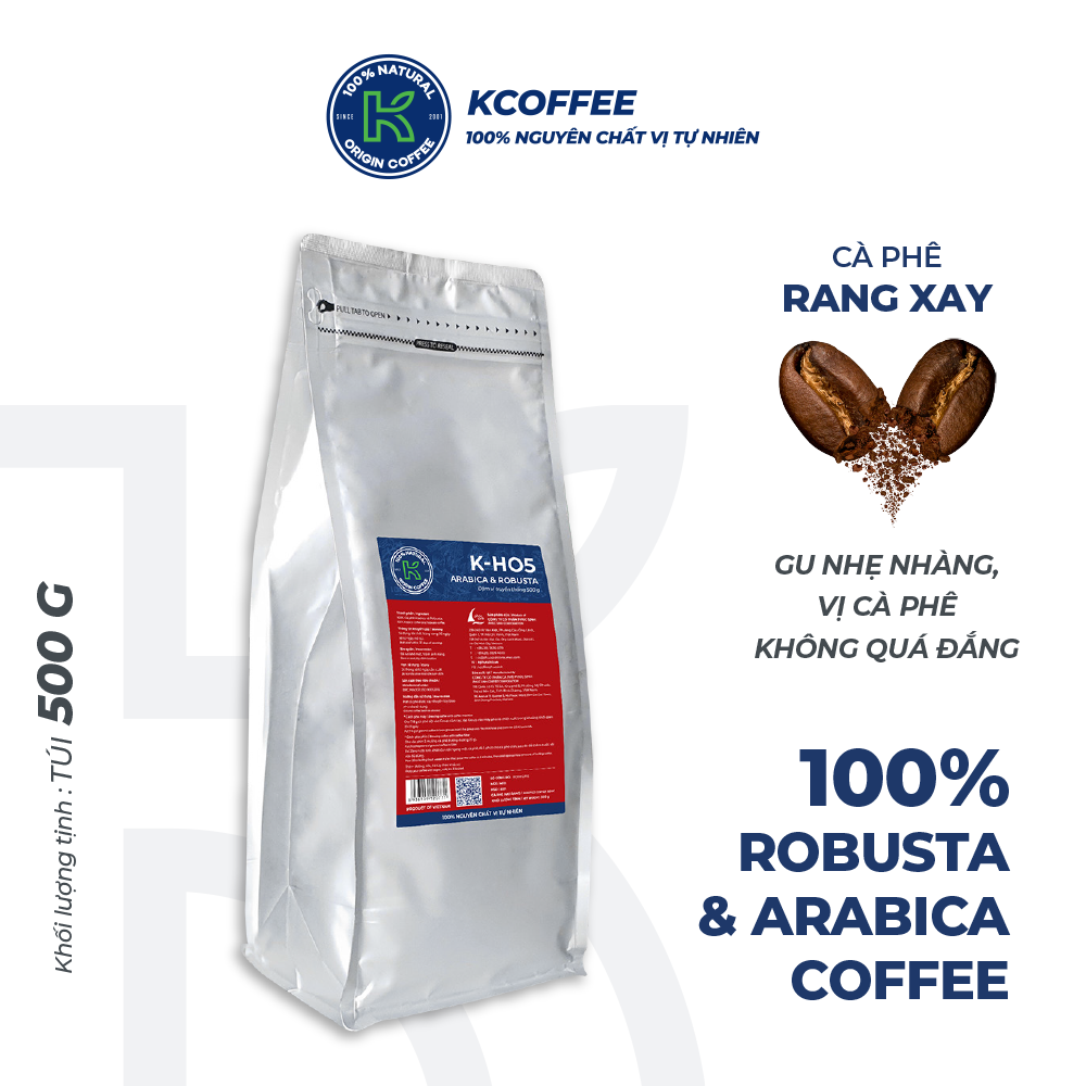 Cà phê rang xay K Coffee 100% Robusta Arabica nguyên chất K-HO5 (500g/Túi)