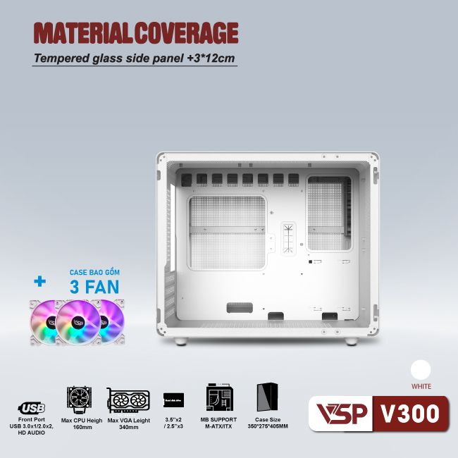 Vỏ máy tính Case VSP V300 [TRẮNG] sẵn 3 Fan LED ARGB Gaming Kính cường lực (M-ATX/ ITX) - Hàng chính hãng VSP phân phối