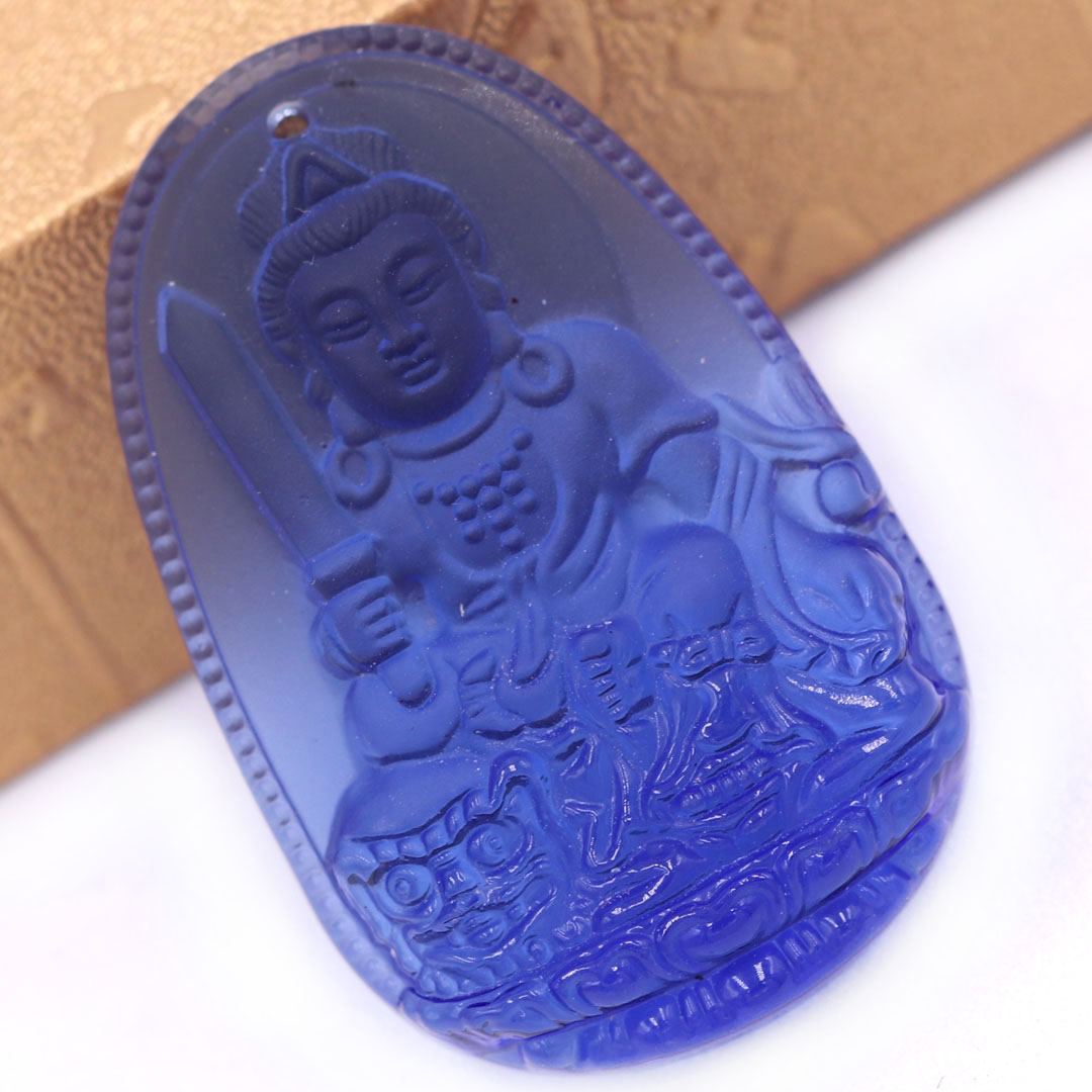 Mặt dây chuyền Phật Văn thù pha lê xanh dương 3.6 cm kèm vòng cổ dây dù đen + móc inox vàng, Phật bản mệnh, mặt dây chuyền phong thủy