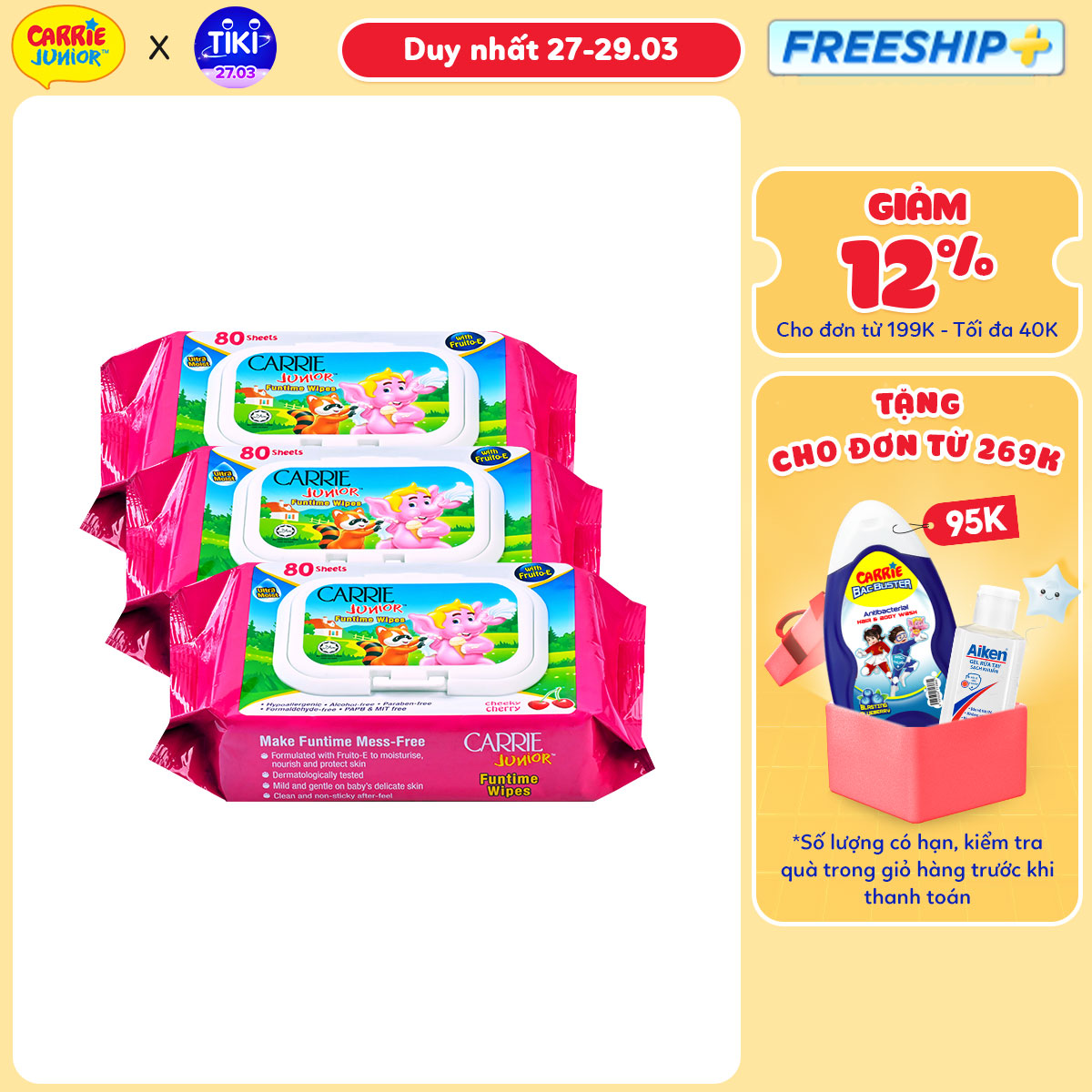 Combo 3 Gói Khăn Giấy Ướt Carrie Junior Funtime Cheeky Cherry 80 tờ/gói