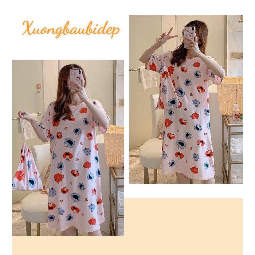 Váy ngủ, váy mặc nhà cộc tay dáng suông chất cotton mềm mát họa tiết hoạt hình dễ thương V285
