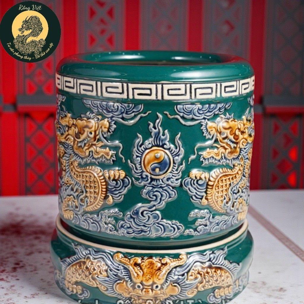 Bát Hương Xanh Lục Bảo Đế Bát Tràng RỒNG VIỆT, Lư Hương Cao Cấp Họa Tiết Rồng Đắp Nổi