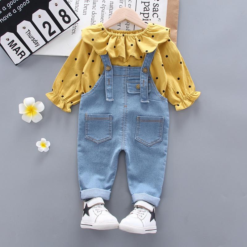Quần Áo Bé Gái Mùa Thu Denim Áo Liền Quần Bộ Bé Gái Chấm Bi Phối Ren Quần Áo Bé Gái Denim Thời Trang Áo Liền Quần 2 Dây phù Hợp Với