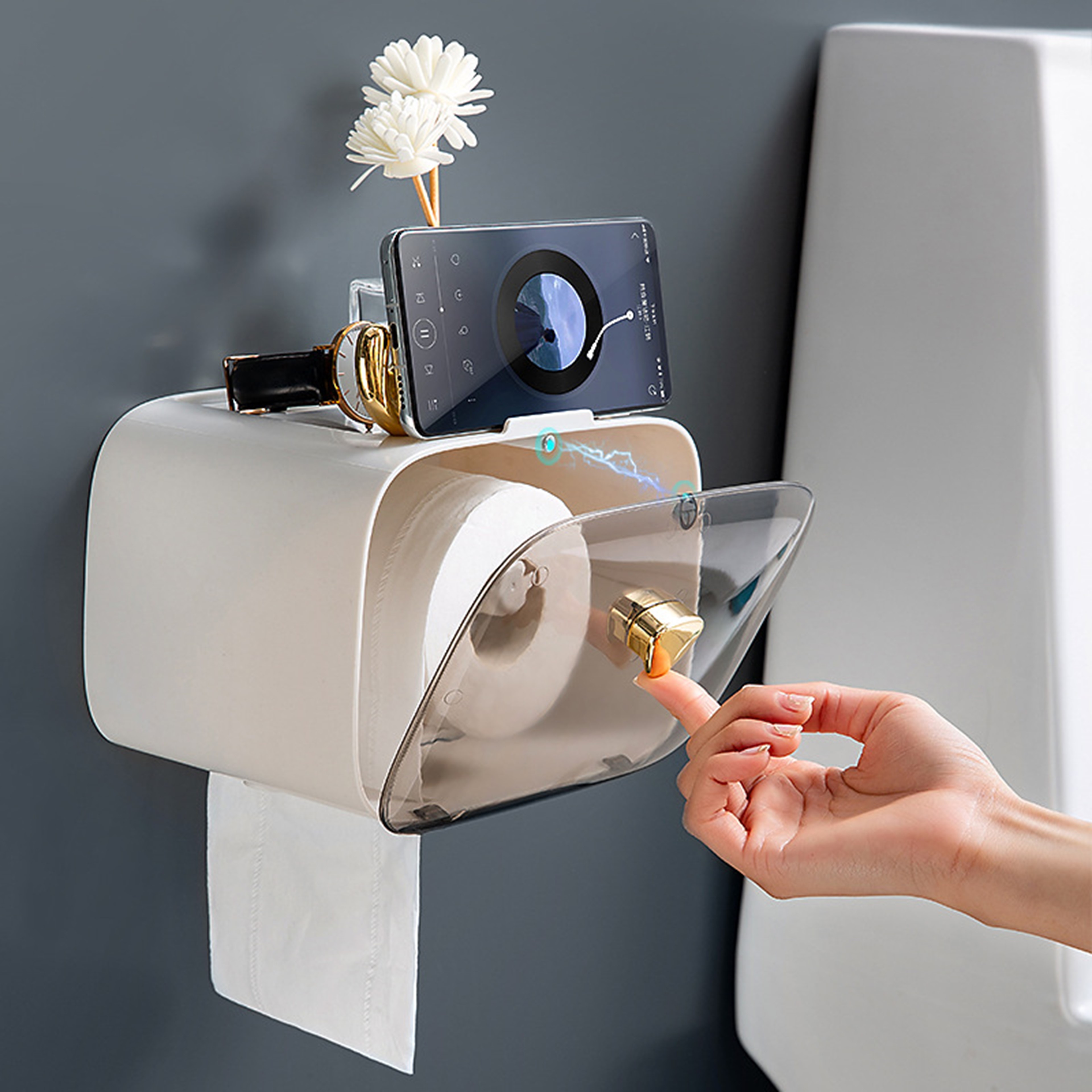 Hộp nhựa PP đựng khăn giấy nhà vệ sinh sang trọng - cửa kính trong suốt - có ngăn đựng đồ lớn - Có gắn móc gạc nai treo trang sức