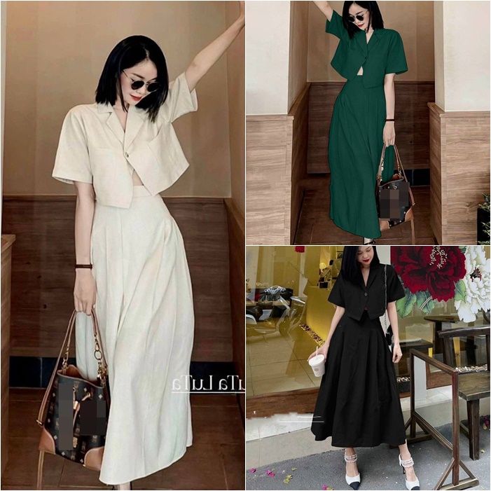 SET CHÂN VÁY DÀI SUÔNG TRƠN LƯNG CAO MIDI MAXI + ÁO SƠ MI CROPTOP BLAZER / VEST TAY NGẮN RETRO ĐI CHƠI DẠO PHỐ ĐI BIỂN ĐI LÀM