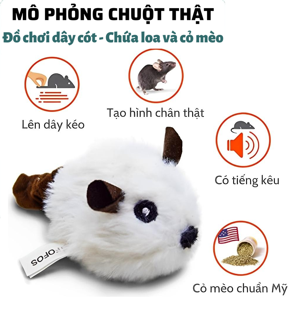 Đồ chơi cho mèo FOFOS, Đồ chơi đuổi bắt mô phỏng chuột, Có tiếng kêu, Chứa catnip cho mèo, Hoạt động bằng pin, Vải nhung