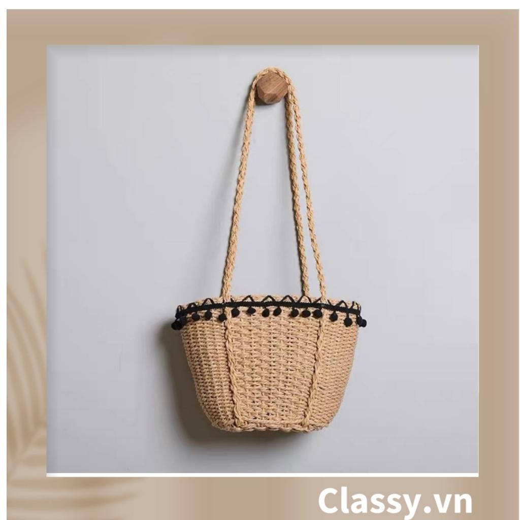 Túi cói Classy đi biển đính hoạ tiết bông gòn đen, kiểu dáng Vintage, có lớp lót trong rộng rãi T331