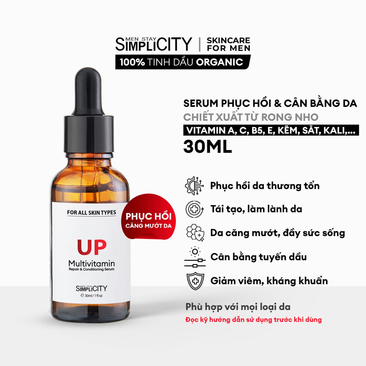 Serum Men Stay Simplicity phục hồi, cân bằng da đa vitamin chiết xuất rong nho cho nam Up Multivitamin Repair & Conditioning 30ml