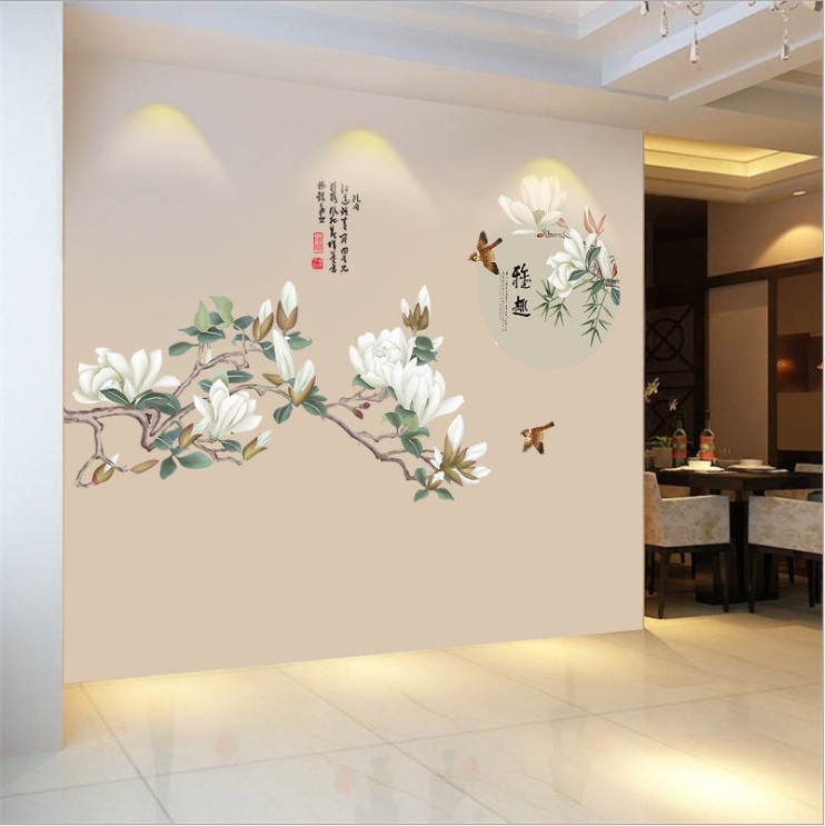 Decal dán tường Hoa mộc lan thủy mặc trang trí nhà cửa sang trọng, tinh tế (80 x 150 cm)