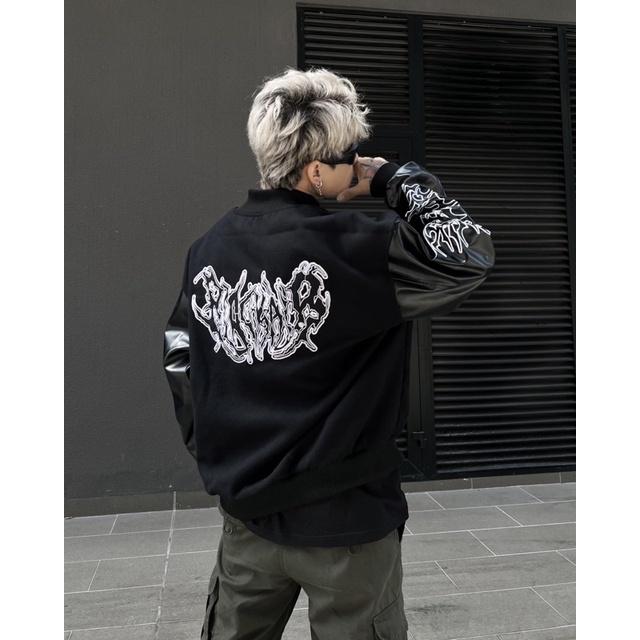 Bomber tay da black wide , varsity jacket nam nữ chất dạ 2 lớp , áo khoác bóng chày local brand unisex - Gin Store