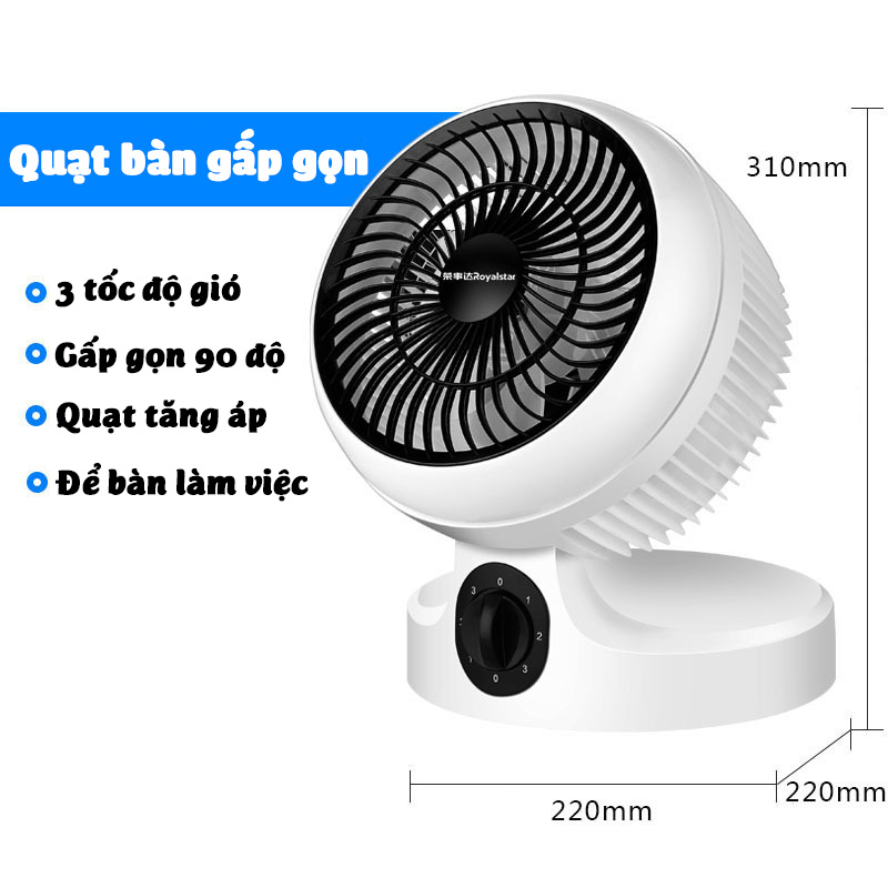 (Hàng Chính Hãng)Quạt điện để bàn siêu mát RoyalStar 101XH gấp gọn 90 độ chỉnh gió 3 tốc độ để giường ngủ bàn làm việc phòng khách