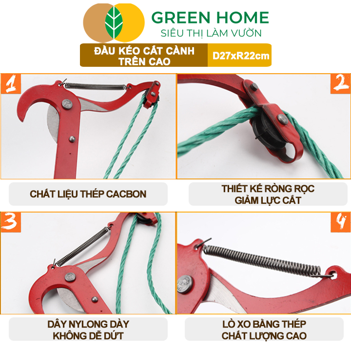 Kéo Cắt Tỉa Cành Trên Cao Greenhome, D27xR22cm, Có Dây Thừng, Thiết Kế Giảm Lực Tay, Dễ Sử Dụng