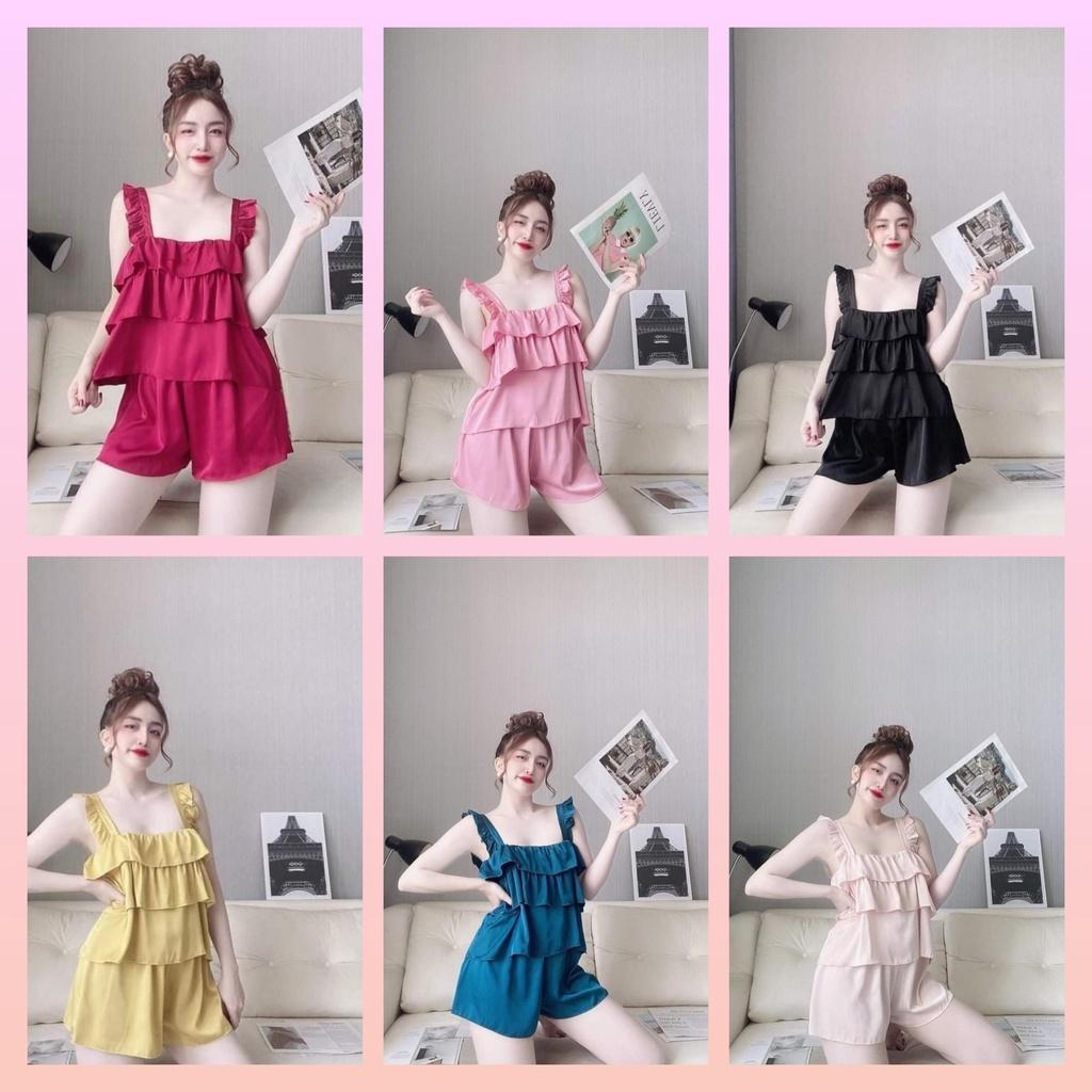 Đồ bộ quần áo ngủ 2 dây quần đùi nữ mặc nhà sexy,bộ đồ ngủ pijama ba tầng chất satin