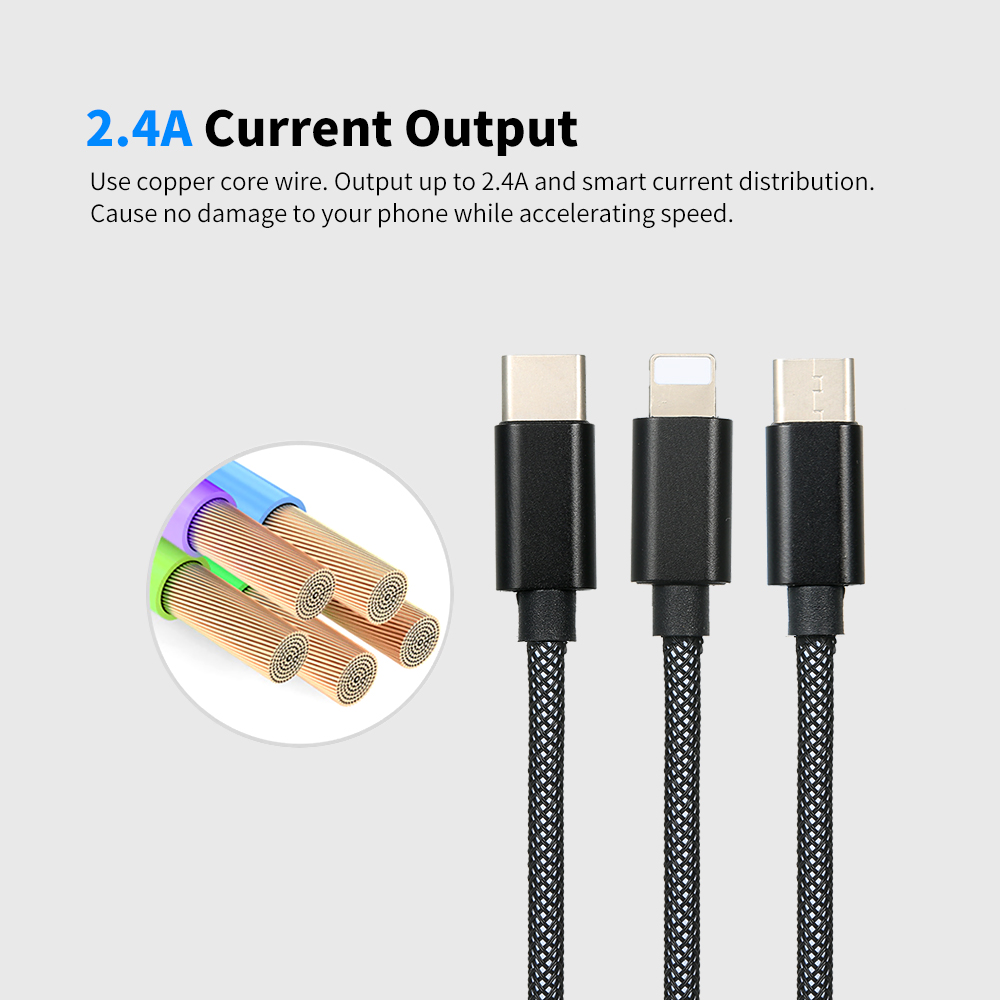 Cáp Sạc Nylon 3 Trong 1 2.4a Với Micro USB Loại C Cho IPhone XIaomi Huawei Samsung