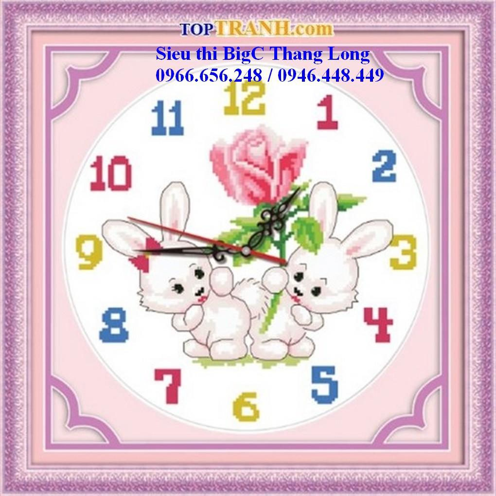 Tranh thêu chữ thập đồng hồ thỏ con A1071 tranh thêu bé hình con vật ngộ nghĩnh đáng yêu