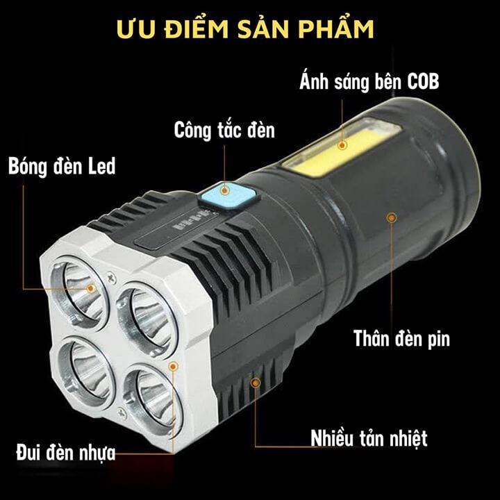 Đèn pin cầm tay 4 bóng đèn LED siêu sáng, chiếu xa 100 mét, đèn chống nước kèm 4 chế độ sáng tiện lợi