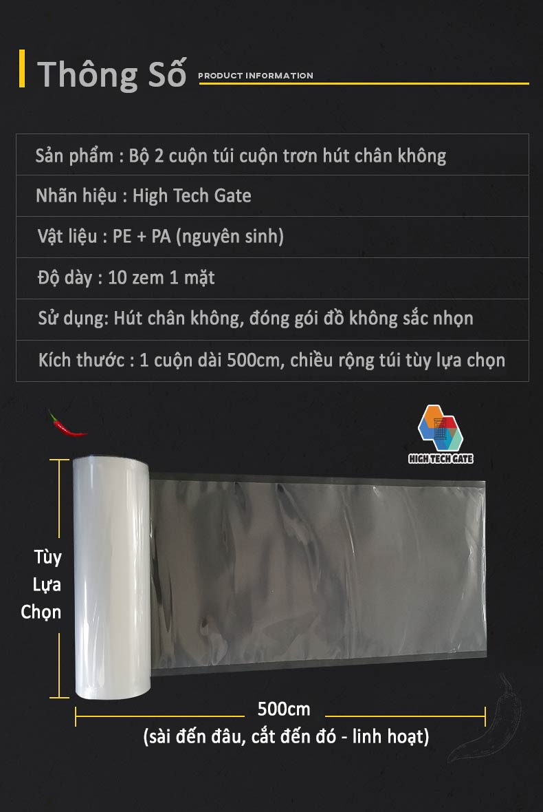 2 Cuộn Túi Hút Chân Không Thực Phẩm Trơn Phẳng 2 Mặt Chất Liệu PA Trong Suốt, Dẻo Dai Kín Khí, Đầy Đủ Kích Thước (BỘ 2 CUỘN)