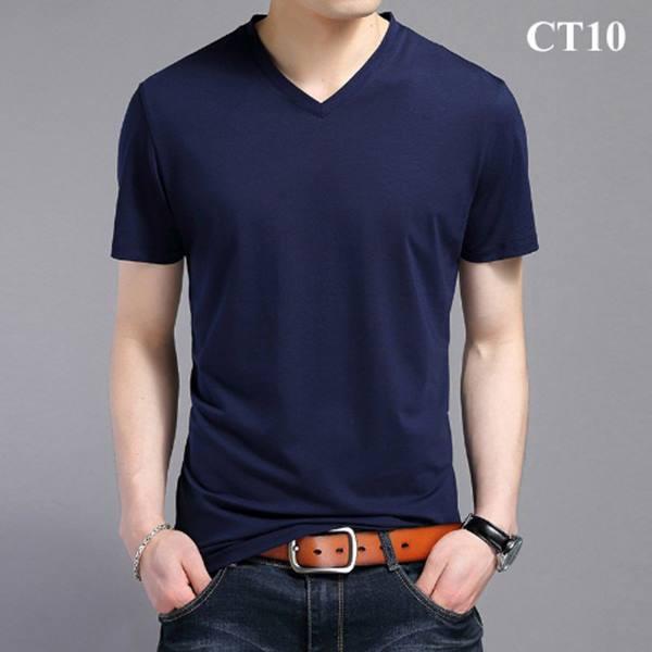 Áo thun trơn nam cổ tim ngắn tay chất cotton thun lạnh dáng body thời trang