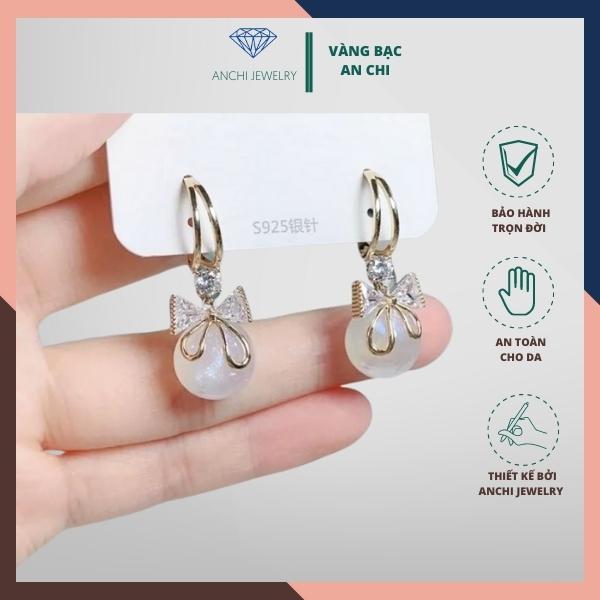 Khuyên tai bạc nữ, bông tai đính hạt trai thời trang Anchi jewelry