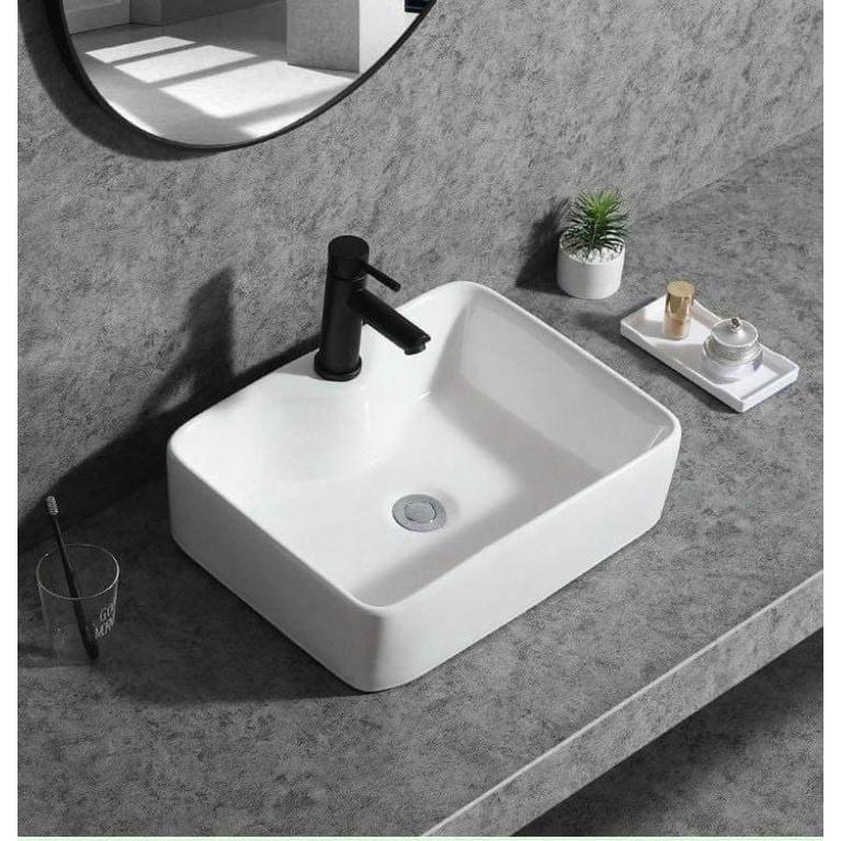 TRỌN BỘ LAVABO VUÔNG MÀU TRẮNG ĐẶT BÀN KÈM VÒI NÓNG LẠNH VÀ XẢ