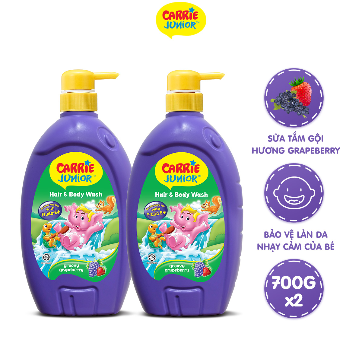 Combo 2 Sữa Tắm Gội cho bé Carrie Junior Hương Grapeberry (700g/chai)