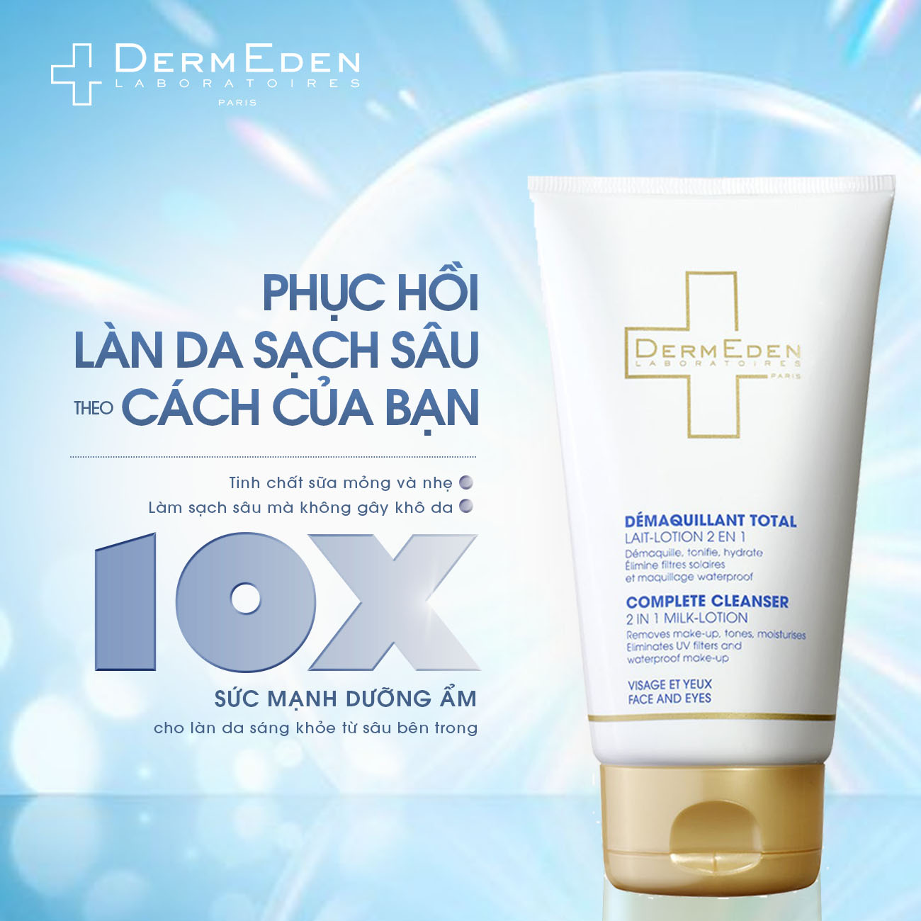 Nước tẩy trang dạng sữa làm sạch và dưỡng ẩm cao cấp DERMEDEN Complete Cleanser 150ml